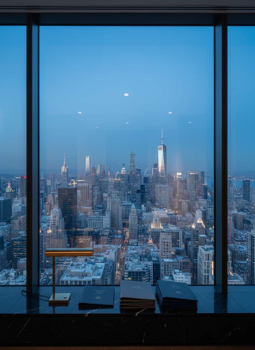 A panoramic, high-floor view of a prime urban skyline at dusk, seen through a floor-to-ceiling glass facade in a minimalist office interior. The glass reflects soft interior details—a sleek black stone ledge, a single understated brass desk lamp turned off, and a neatly stacked pile of property dossiers in dark, muted tones. Outside, the city’s landmark towers and luxury residential buildings glow with early evening lights under a deep blue sky. Subtle ambient light from the horizon casts a calm, cool hue across the scene. Shot with a wide-angle lens in photographic realism, the composition follows the rule of thirds, balancing the interior ledge in the foreground against the expansive city view, evoking long-term strategy, discretion, and high-end real estate insight.