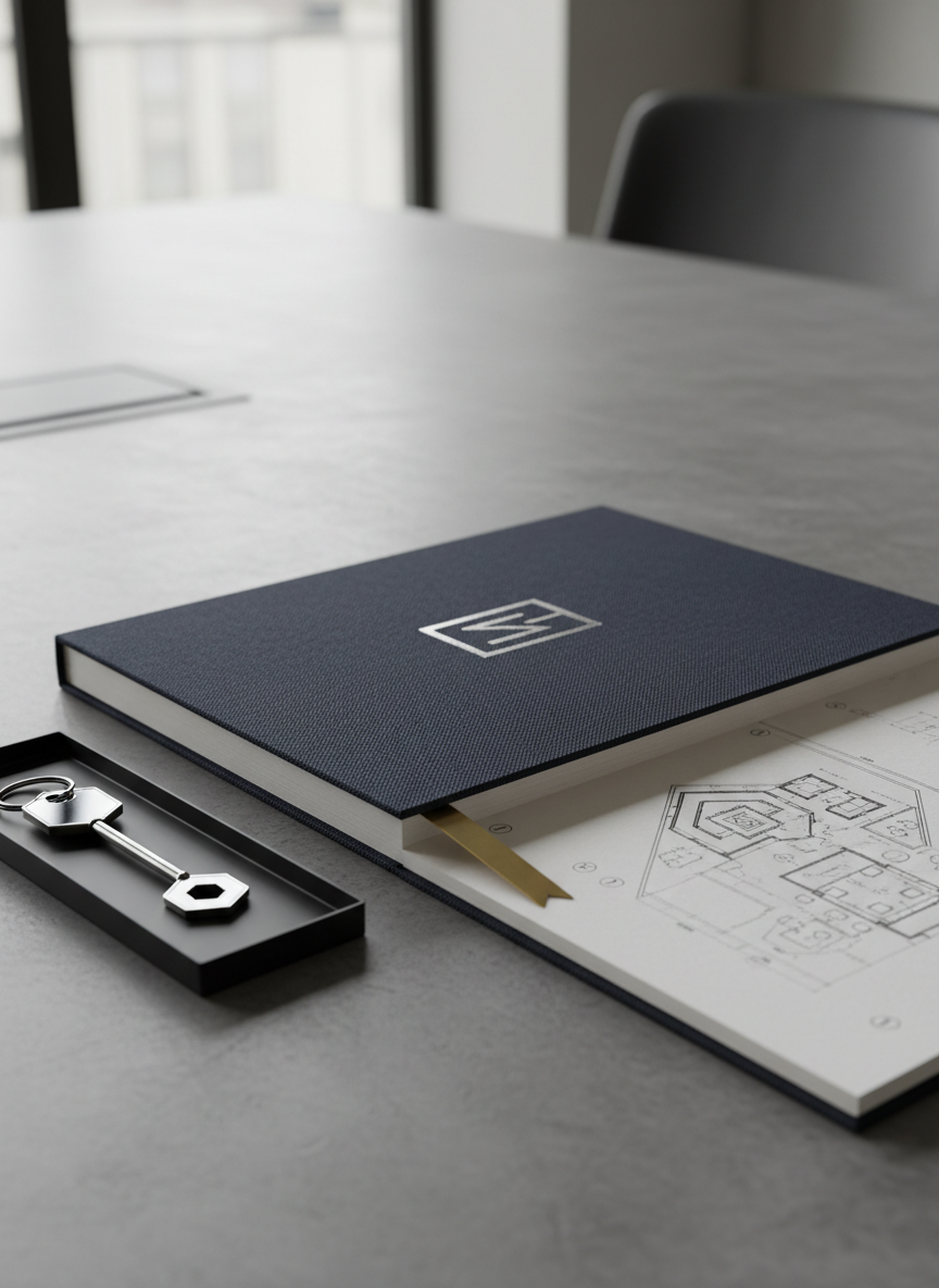 A highly detailed, photographic close-up of a premium property dossier, its dark navy cover embossed with a minimalist emblem in understated silver foil, resting on a stone-grey conference table. The dossier is slightly open, revealing thick, textured pages with crisp black-and-white site plans and a single, carefully placed brass page marker. Nearby, a slim, matte-black key tray holds a solitary polished chrome key with a simple, geometric key fob. Soft side lighting from a nearby window creates refined highlights on the metallic elements and gentle shadows that emphasize texture. Shot from a low, intimate angle with shallow depth of field, the image conveys exclusivity, discretion, and the gravity of high-value property acquisitions.