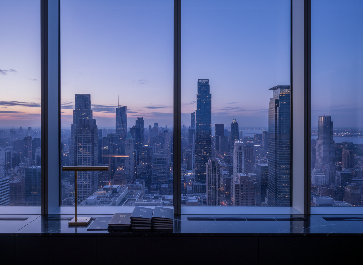 A panoramic, high-floor view of a prime urban skyline at dusk, seen through a floor-to-ceiling glass facade in a minimalist office interior. The glass reflects soft interior details—a sleek black stone ledge, a single understated brass desk lamp turned off, and a neatly stacked pile of property dossiers in dark, muted tones. Outside, the city’s landmark towers and luxury residential buildings glow with early evening lights under a deep blue sky. Subtle ambient light from the horizon casts a calm, cool hue across the scene. Shot with a wide-angle lens in photographic realism, the composition follows the rule of thirds, balancing the interior ledge in the foreground against the expansive city view, evoking long-term strategy, discretion, and high-end real estate insight.