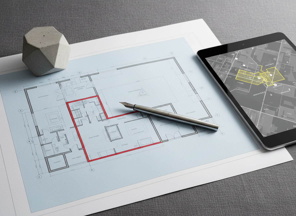 A refined arrangement of property advisory tools laid out on a charcoal linen desk surface: a large, crisp architectural blueprint of a luxury apartment spread open, a slim brushed-steel pen resting precisely along a boundary line, and a tablet displaying a muted, monochrome map with highlighted investment zones. A small, geometric concrete paperweight anchors one corner of the plan. Soft, diffused overhead lighting creates delicate shadows and a gentle sheen on the pen and tablet edges. Photographed from a slightly elevated angle with sharp focus throughout, the minimalist, photographic style and restrained color palette of greys, off-whites, and soft blacks evoke analytical clarity, discretion, and sophisticated private-client property strategy.