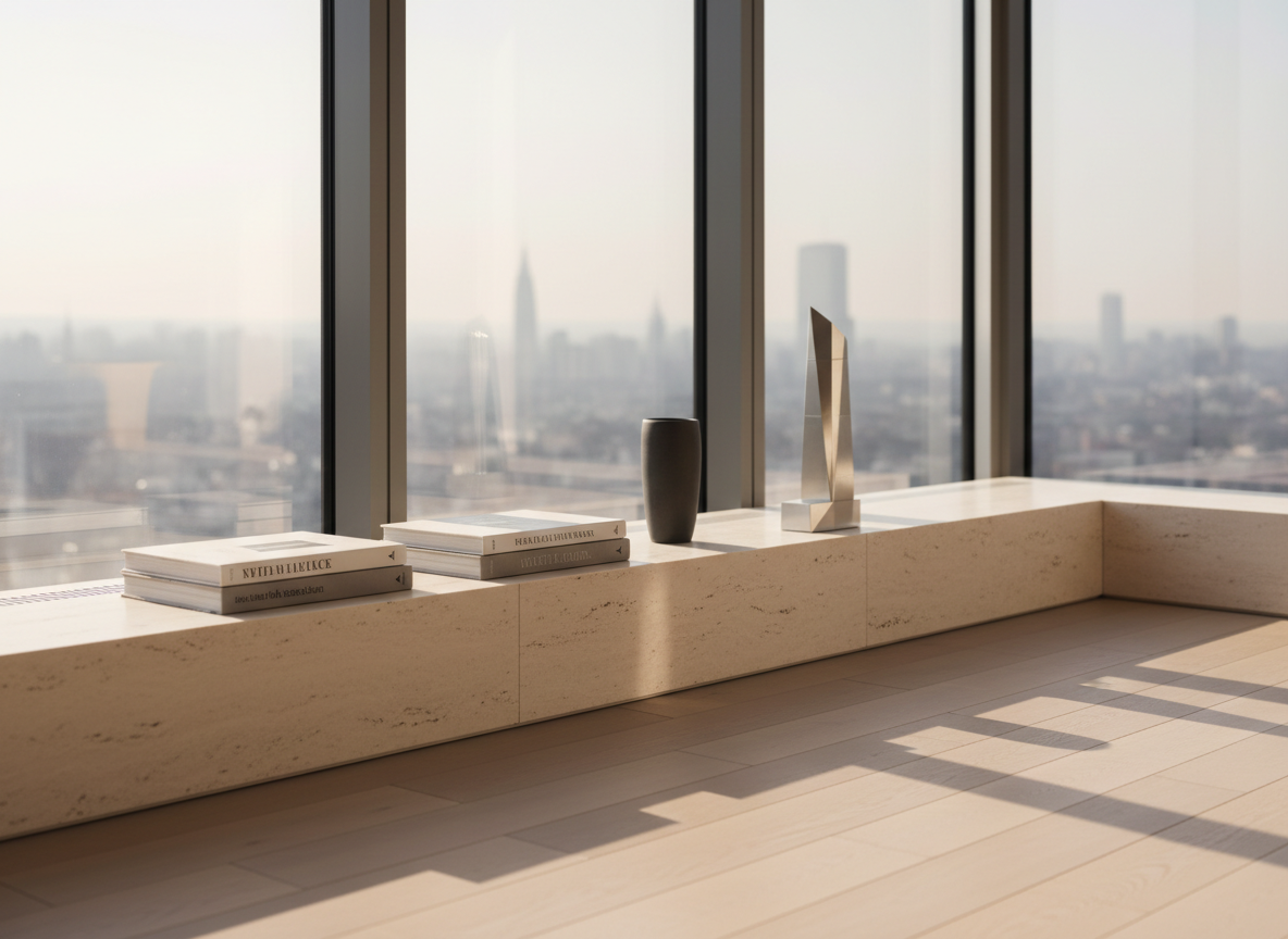 An impeccably styled interior corner of a premium investment apartment, shot in photographic realism. Floor-to-ceiling windows frame a distant, softly blurred skyline, while inside, a low-profile travertine console holds a curated arrangement of architectural monographs, a single dark ceramic vessel, and a small model of a modern building in brushed aluminium. Afternoon natural light pours in, casting long, elegant shadows across the pale oak flooring and creating subtle reflections on the model’s metallic surfaces. Captured from a slightly oblique, mid-height angle with a shallow depth of field, the composition emphasizes negative space and clean lines. The mood is serene, cerebral, and sophisticated, evoking the considered aesthetic and long-horizon thinking of private-client property strategy.
