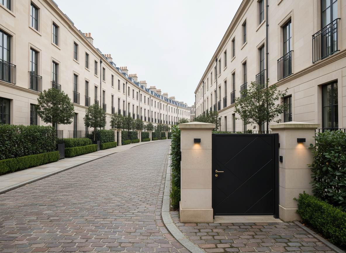 A quiet, luxurious residential street in an affluent neighborhood, captured in photographic realism. Discreetly elegant townhouses with light limestone facades, tall narrow windows, and sculpted boxwood hedges line a gently curving cobblestone road. A single, meticulously maintained front gate in matte black steel with subtle geometric detailing becomes the focal point in the foreground. Early morning overcast light creates soft, even illumination, revealing textures in stone, metal, and greenery without harsh contrasts. The image is composed at eye-level with a gentle leading line along the street, drawing the eye into the distance. The atmosphere is calm, private, and exclusive, suggesting rarefied opportunities and the understated luxury of carefully chosen residential assets.