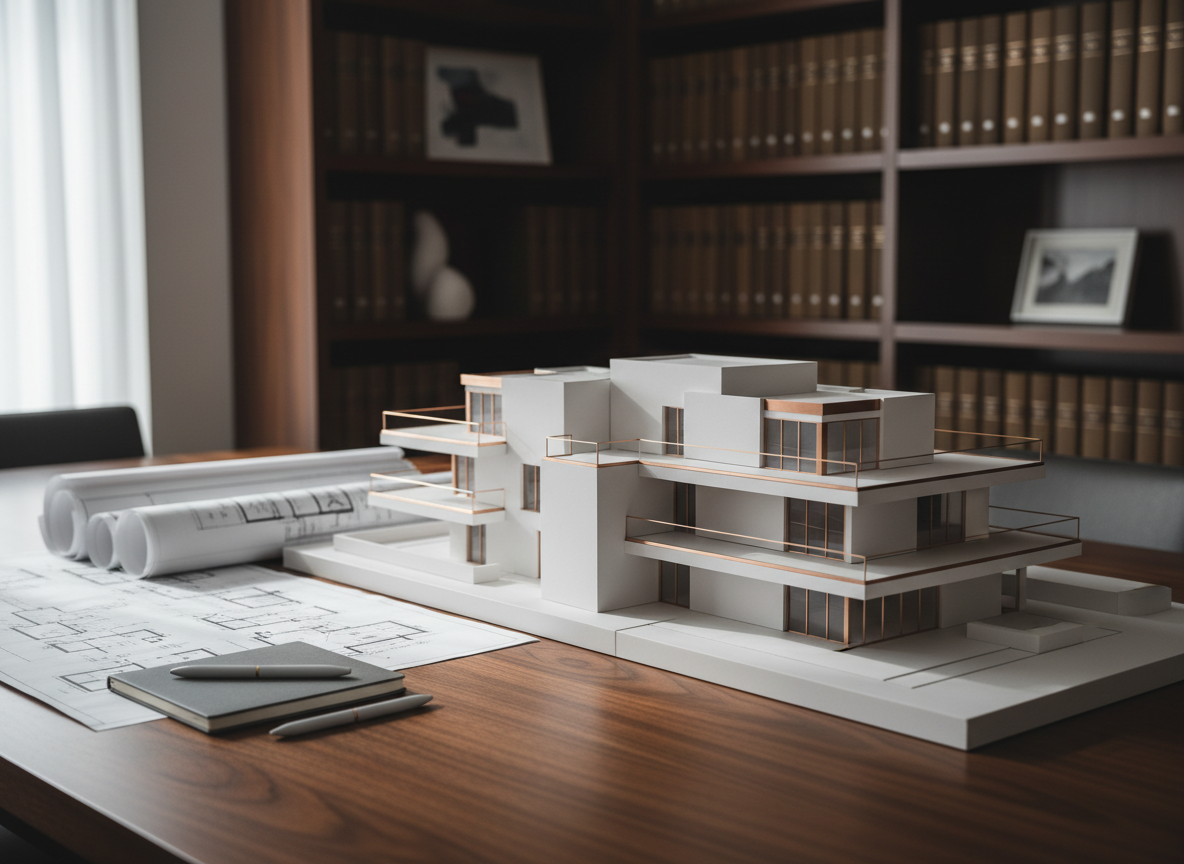 An elegant architectural model of a contemporary city residence, crafted in matte white materials with subtle metallic accents, sits on a dark walnut boardroom table. Beside it, a neatly arranged set of monochrome floor plans and a slim graphite-grey notebook create an atmosphere of meticulous planning. Soft daylight from a large, unseen window washes across the scene, creating refined highlights along the model’s sharp edges and gentle shadows on the table’s wood grain. Captured at an eye-level angle with shallow depth of field, the focus remains on the model’s intricate balconies and terraces while the background fades into a tasteful blur of shelves with leather-bound property portfolios. The photographic realism and clean, modern aesthetic convey discreet, sophisticated property advisory.