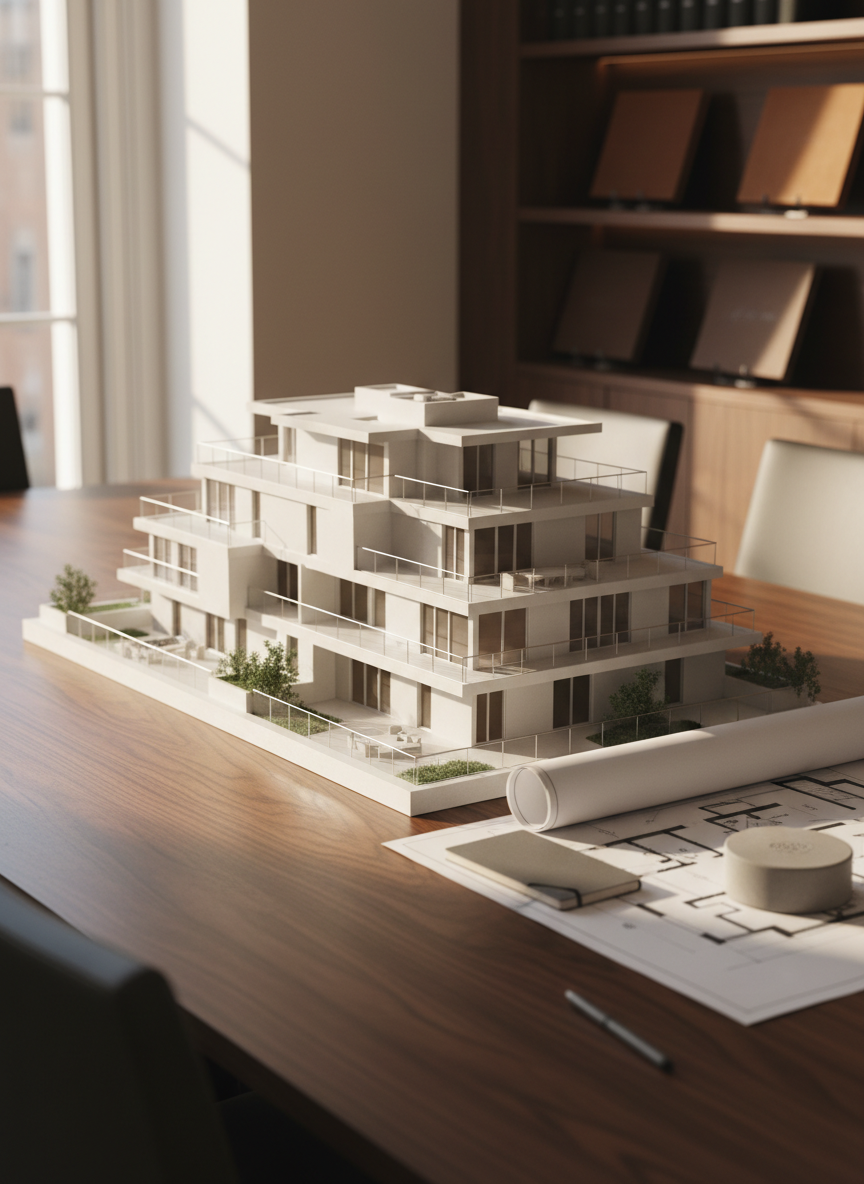 An elegant architectural model of a contemporary city residence, crafted in matte white materials with subtle metallic accents, sits on a dark walnut boardroom table. Beside it, a neatly arranged set of monochrome floor plans and a slim graphite-grey notebook create an atmosphere of meticulous planning. Soft daylight from a large, unseen window washes across the scene, creating refined highlights along the model’s sharp edges and gentle shadows on the table’s wood grain. Captured at an eye-level angle with shallow depth of field, the focus remains on the model’s intricate balconies and terraces while the background fades into a tasteful blur of shelves with leather-bound property portfolios. The photographic realism and clean, modern aesthetic convey discreet, sophisticated property advisory.
